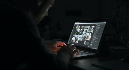 Man in Dark Room Attending Virtual Meeting