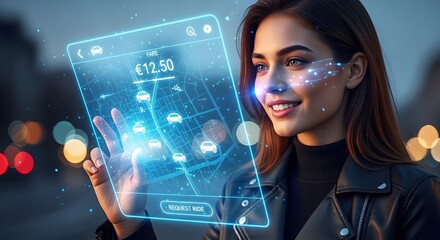 Woman in a black leather jacket interacting with a futuristic, glowing smartphone interface in an urban setting at dusk.