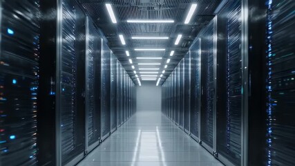 A futuristic server room with rows of equipment, illuminated by overhead lights