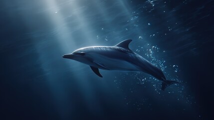 Fototapeta premium Graceful dolphin swimming under sunlight beams in deep blue ocean water, representing harmony and aquatic exploration