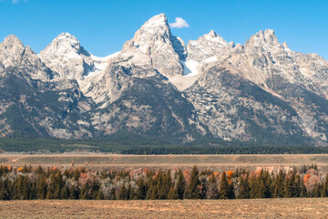 Snow-capped peaks of the Grand Teton Mountain range are set against a clear blue sky. In the foreground, Schwabachers Landing offers a view of the Snake River flowing through Grand Teton National Park