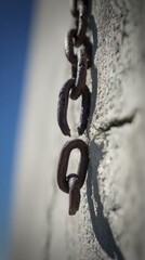shackle. Single broken iron chain link hanging against a stark concrete wall, dramatic lighting. public awareness campaigns.