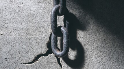 shackle. Single broken iron chain link hanging against a stark concrete wall, dramatic lighting. public awareness campaigns.