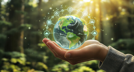 Hand Holding Planet Earth with Eco friendly Icons
