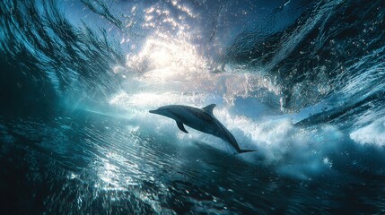 Fototapeta premium Dolphin swimming alongside surfer riding ocean wave, dynamic marine wildlife and human adventure scene