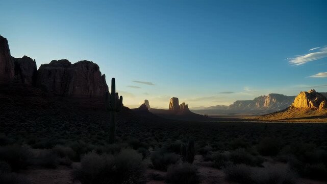 A desert vista at sunset features large rock formations, cacti, and a vibrant sky