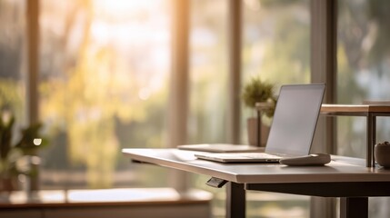 Modern hybrid work desk with adjustable height sleek surface in sharp focus blurred background highlights seamless transition from office to home environment.