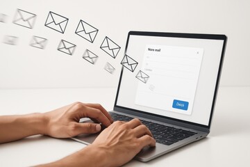 Typing on laptop with digital email icons and send form interface representing online messaging and communication
