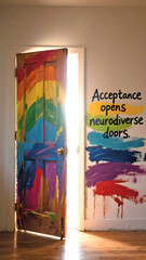 Painted rainbow door with Acceptance opens neurodiverse doors quote on wall, sunlight shining through symbolizing inclusion empowerment and neurodiversity pride