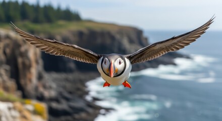 Atlantic Puffin in Flight Over Coastal Cliffs, Majestic Seabird on a Clear Day