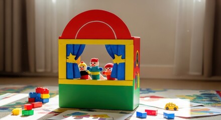 Playful Puppets: A Child's World of Imagination and Colorful Blocks in a Sunny Room