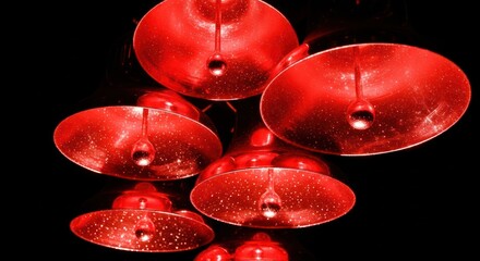 Abstract red light fixture featuring multiple pendant lights on a dark backdrop