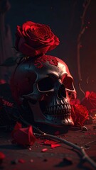 Skull Topped with Red Rose Deep Red Theme Cinematic Dark Art
