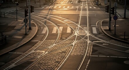 Intersecting urban lines: A symmetrical network of streetcar tracks at twilight's golden hour