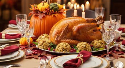 Festive autumnal table setting featuring roasted turkey pumpkin decor and elegant glassware to