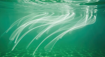 Ethereal elegance luminous trails dancing underwater in a serene teal environment showcasing the