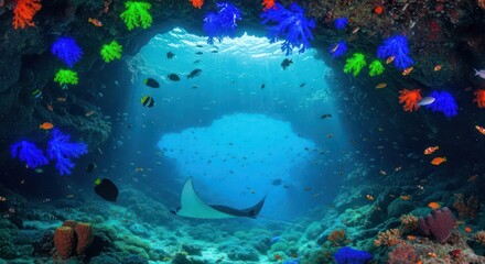 Vibrant undersea spectacle: A manta ray glides through a dazzling coral reef system