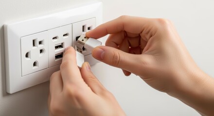 Hands testing USB ports on combo receptacle using a USB device postinstall for functionality verification.