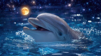 Fototapeta premium Dolphin in amusement park pool at night with colorful lights, lively marine entertainment scene