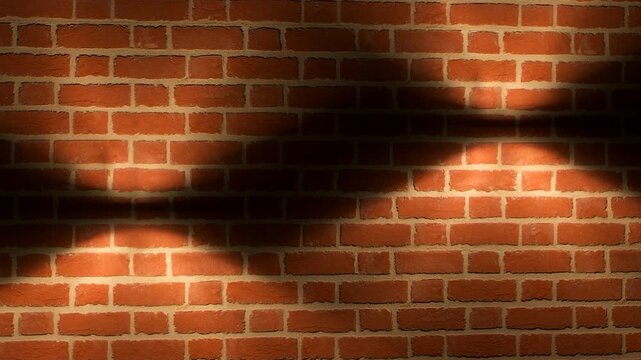 Sunlit brick wall with bold, curved shadows creating moody, abstract light patterns at dusk. softly