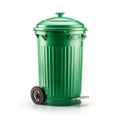 A green trash can with wheels and a lid. A close-up shot of an eye-catching, clean trash receptacle. It is designed with both functionality and environmental responsibility in mind