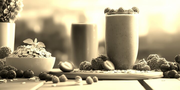 Fresh fruit smoothies and oats on a wooden table at sunset in a outdoor setting