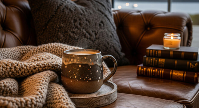 Cozy Autumn Scene with Ceramic Mug and Knit Blanket on a Leather Sofa with Books