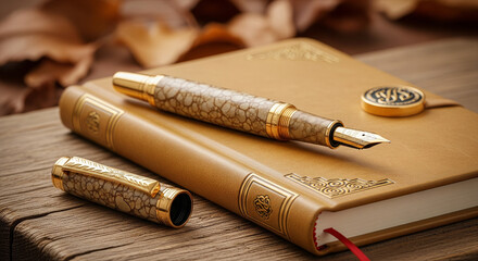A leather-bound notebook and an elegant fountain pen on a wooden table