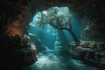 Exploring a serene underwater cave with sunlight filtering through, revealing a calm water surface and lush vegetation
