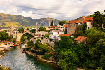 Fototapeta premium View of the historic medieval bridge in Mostar, Bosnia and Herzegovina