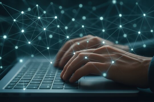 Hands typing on laptop with glowing digital network connections symbolizing global data transfer and communication
