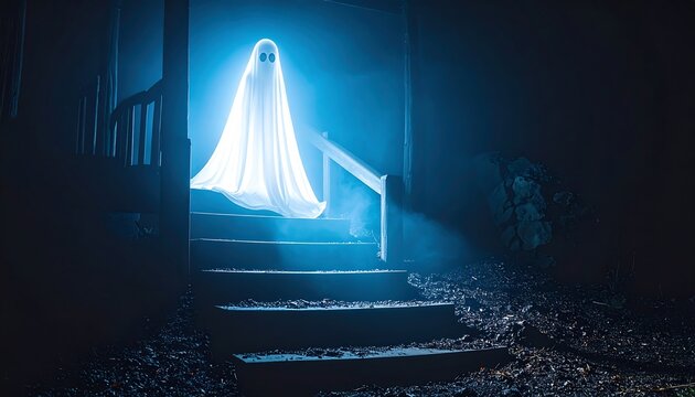 Spooky Ghost on Outdoor Steps in Mysterious Fog and Blue Light