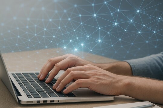 Laptop with hands typing and glowing digital connections representing online communication data transfer and network
