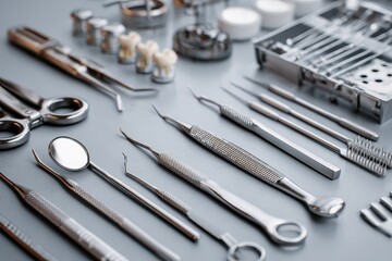 Fototapeta premium Collection of dentist tools and equipment arranged neatly on a work surface for dental procedures and patient care in a clinic setting