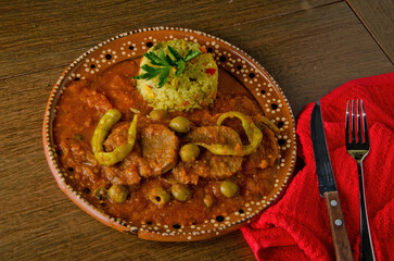 Traditional Mexican Beef Stew (Guisado de Res) with Rice and Olives