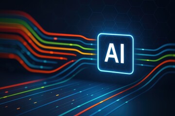 Artificial intelligence glowing icon with colorful data flow lines symbolizing machine learning digital innovation and future

