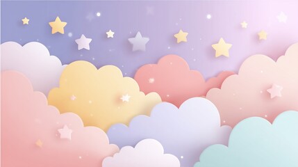 Fototapeta premium Paper cut pastel clouds with stars floating in dreamy, colorful sky; used for background