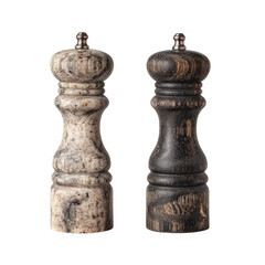 A pair of stylish wooden salt and pepper grinders, one light speckled, the other dark-grained, stand side-by-side