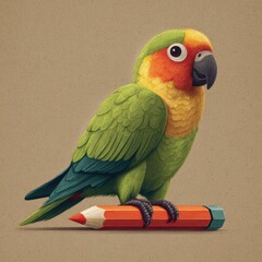 Colorful Parrot Perched on a Pencil - A Whimsical Illustration.