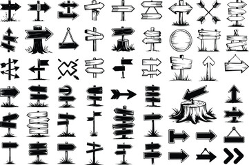 Hand Drawn Direction Sign Silhouette Collection Sketch Style Road Sign Icon Silhouette Set