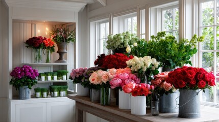 Fototapeta premium Colorful flower shop interior featuring vibrant bouquets of roses and assorted flowers arranged in buckets and vases, creating a lively and inviting atmosphere for customers