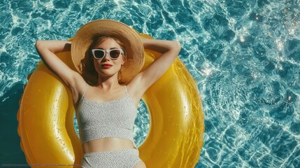Young woman relaxing on a bright yellow inflatable ring in a sparkling blue swimming pool, enjoying a sunny day, embodying summer leisure and carefree moments