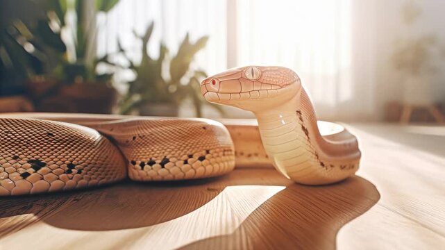 A beige python snake with black markings coils and raises its head on a wooden floor in a sunny room, close up footage.