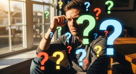Stressed man contemplating difficult questions surrounded by floating question marks