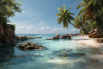 Serene tropical beach with palm trees and clear water inviting relaxation under the blue sky