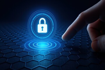 Finger pointing at glowing digital padlock icon symbolizing cybersecurity protection and data privacy