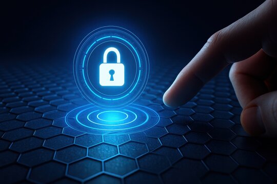 Finger pointing at glowing digital padlock icon symbolizing cybersecurity protection and data privacy
