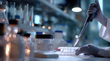 Laboratory technician in white gloves is using a pipette to transfer liquid into a petri dish, surrounded by glassware and scientific equipment, showcasing precise experimentation