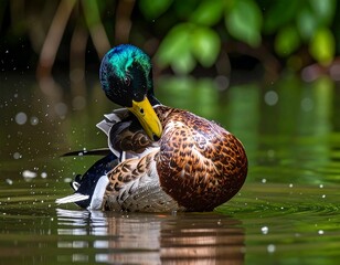 Mallard preening on water
