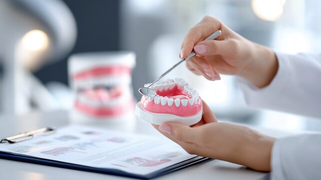 Dental professional demonstrating oral hygiene techniques using a dental model, showcasing proper brushing methods and dental care practices in a bright clinical environment